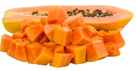 Bite size papaya fruits over white background